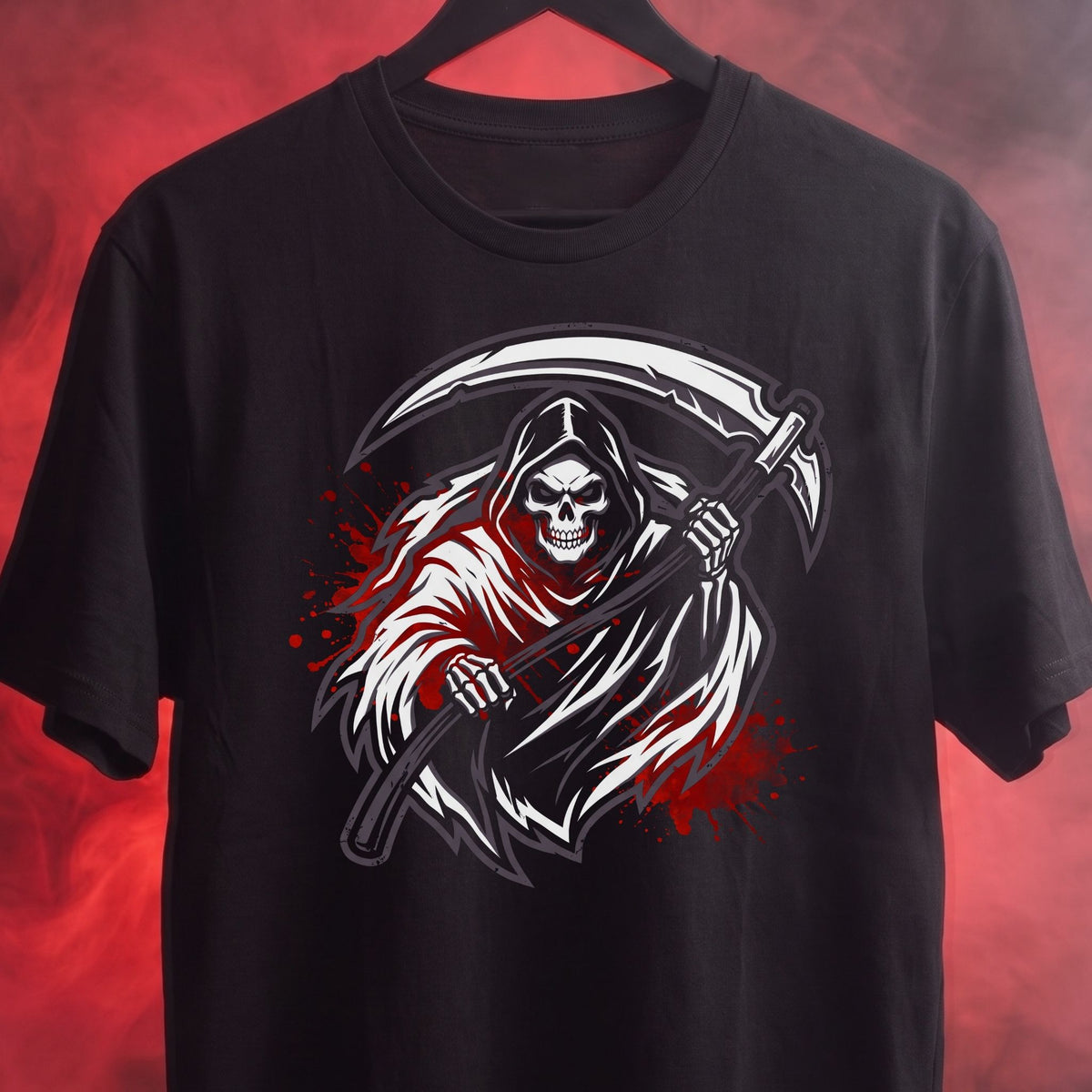 A black short-sleeve t-shirt on a black hanger, featuring a graphic of a grim reaper with a scythe and red blood splatters, set against a red foggy background.